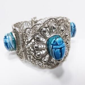 Egyptian Revival Scarab Filigree Bangle Bracelet, Egyptian Faience Gemstone